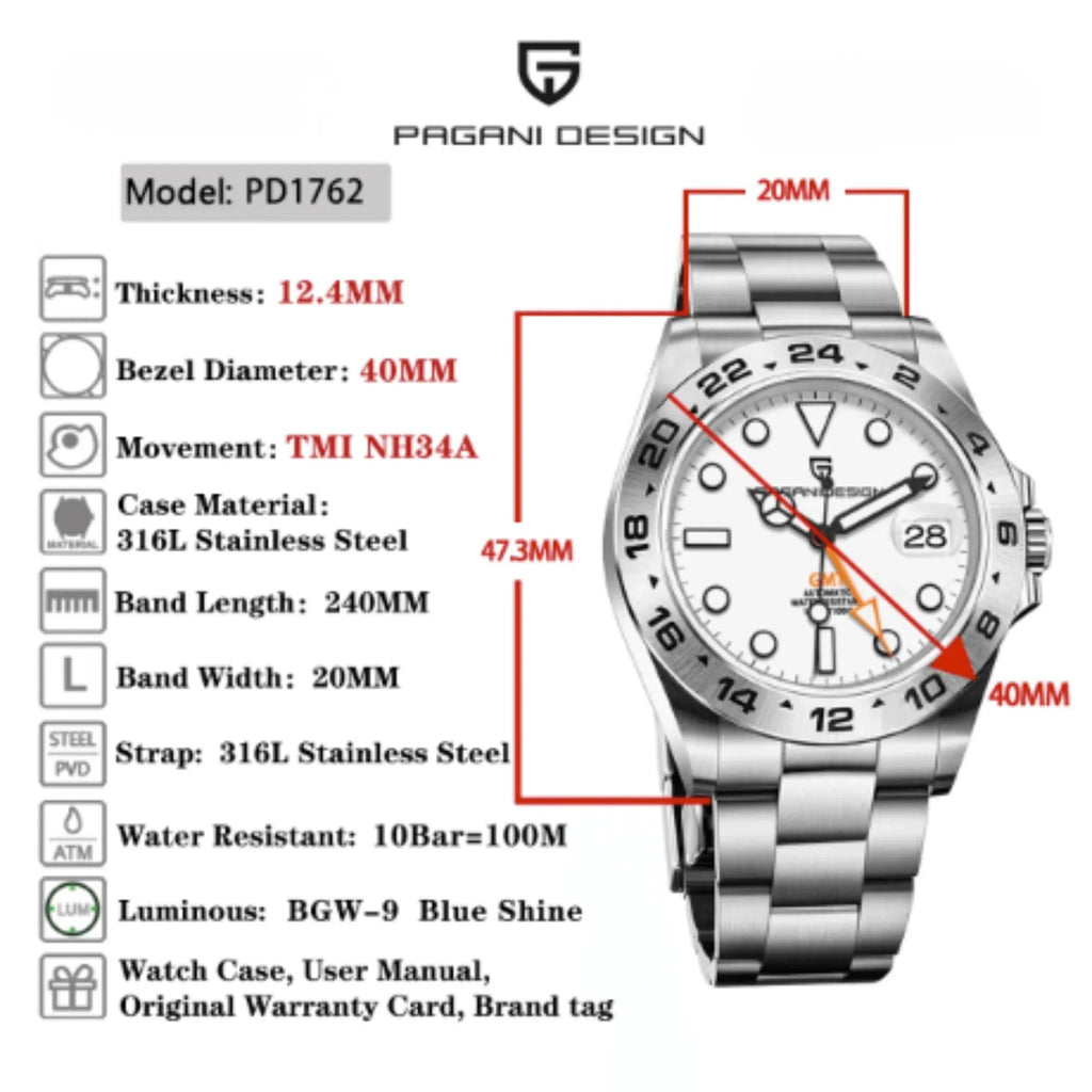Pagani Design PD-1762 Seiko NH34 Movement equipped with AR AF Anti-Radiation Coating Automatic Watch Stainless Steel Men's (GMT Explorer II - White) - DREAM WATCHES