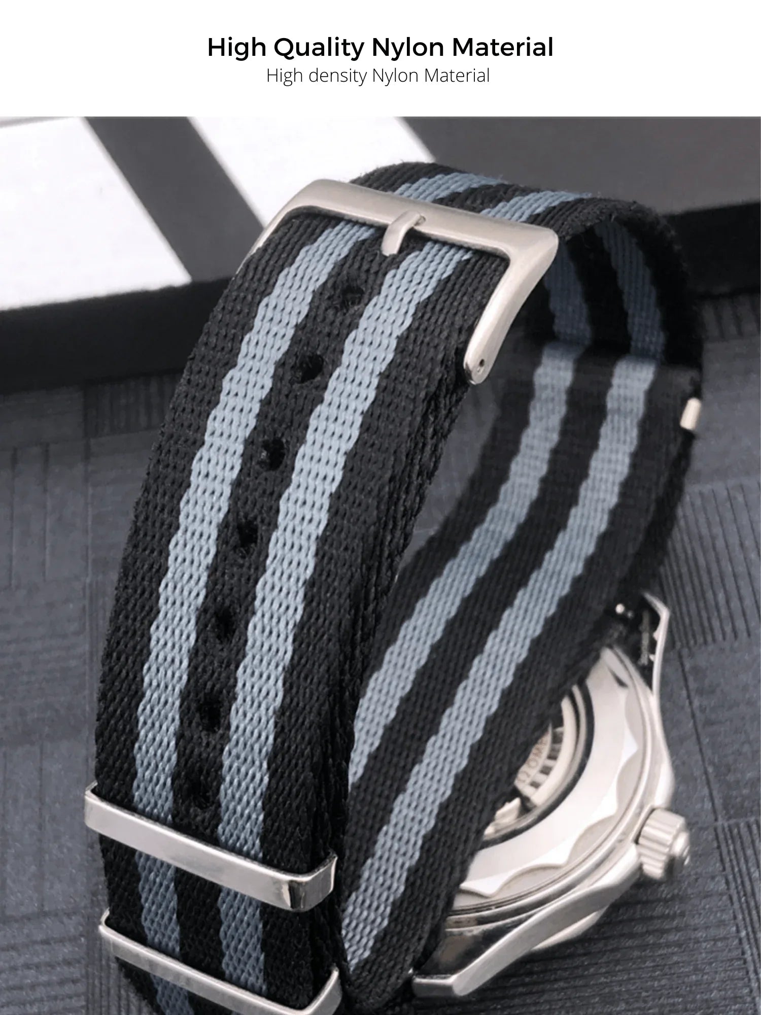 Premium Nylon Straps and Bands 20mm With Stainless Steel Buckle - Black/ Grey - DREAM WATCHES